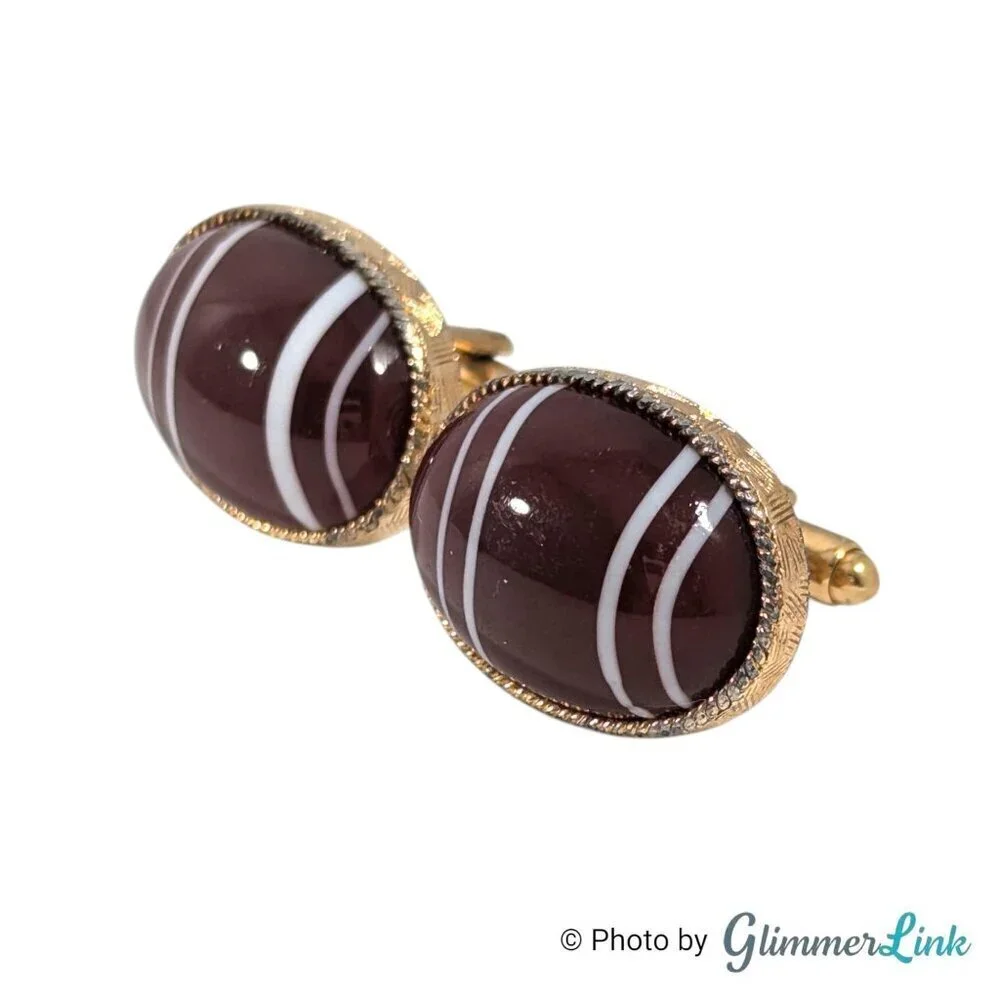 Vintage Dante Maroon Glass Cabochon White Stripe Gold Tone Cufflinks